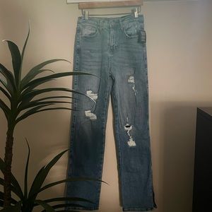Fashon Nova “don’t give a slit ripped straight jeans”, size 3, medium blue wash